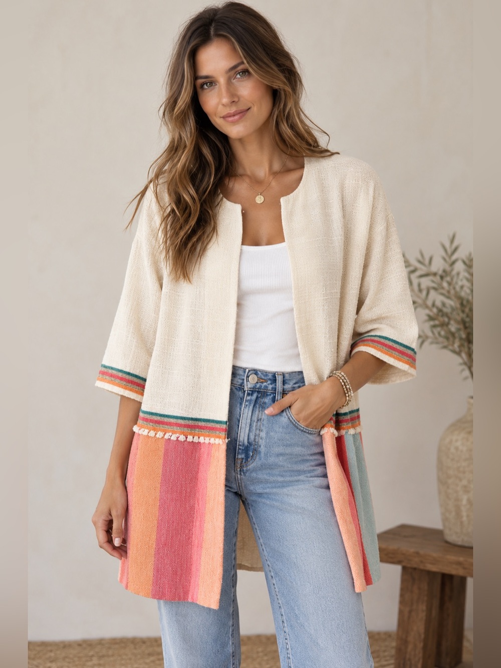 Vilagallo Cream Open Cardigan with Pink, Coral & Aqua Stripes